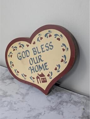 Cottage Core God Bless Our Home Heart Shaped Plaque Wall Decor Farmhouse Vtg